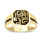 Herren-Ring mit schwarzem Stein und Symbolmotiv aus Gold