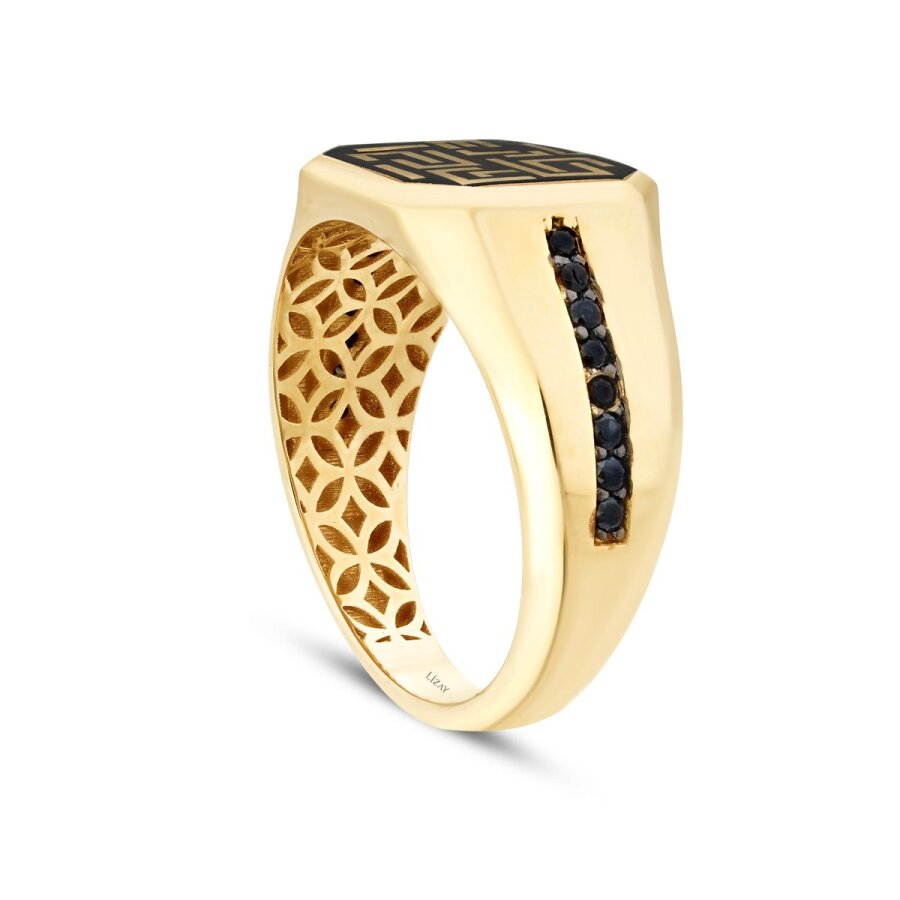 Herren-Ring mit schwarzem Stein und Symbolmotiv aus Gold