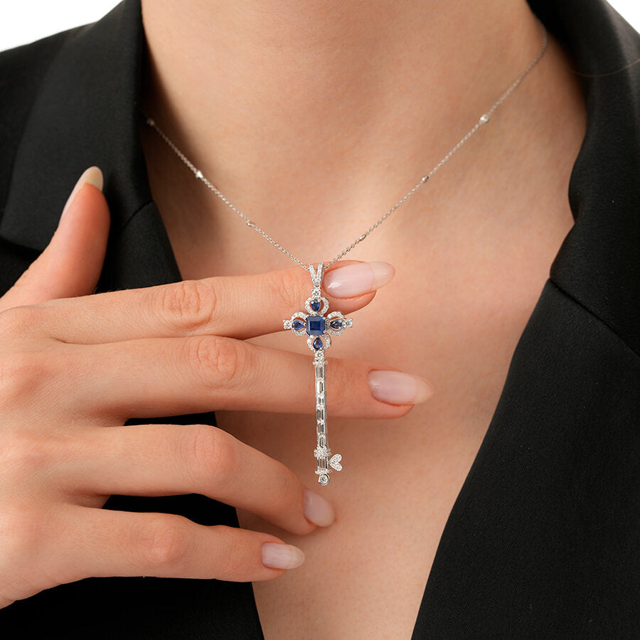 2,53 ct. Diamant Saphir Schlüssel Halskette