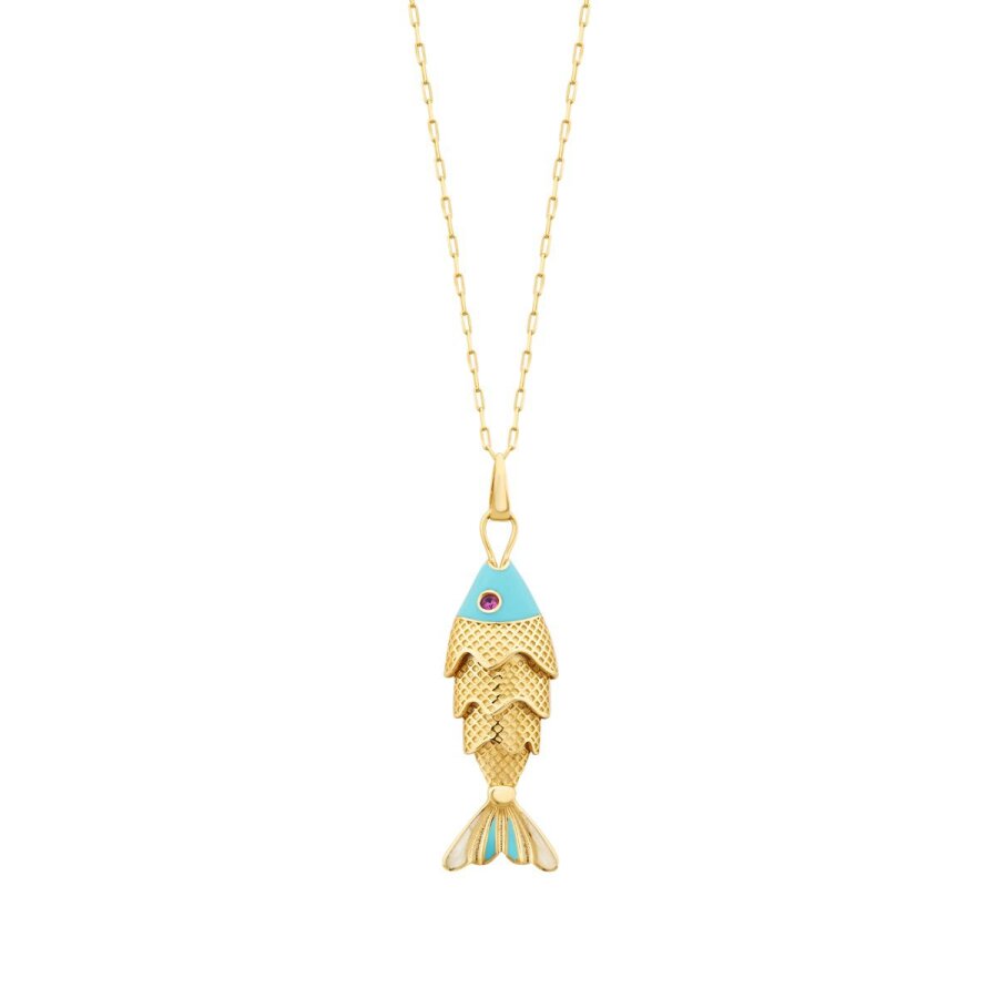 Blau-Emaille-Fisch-Trend-Halskette aus Gold