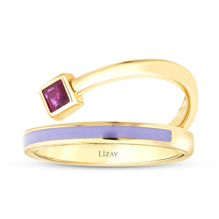 Lila-Emaille-Trend-Ring mit Fuchsia-Stein aus Gold
