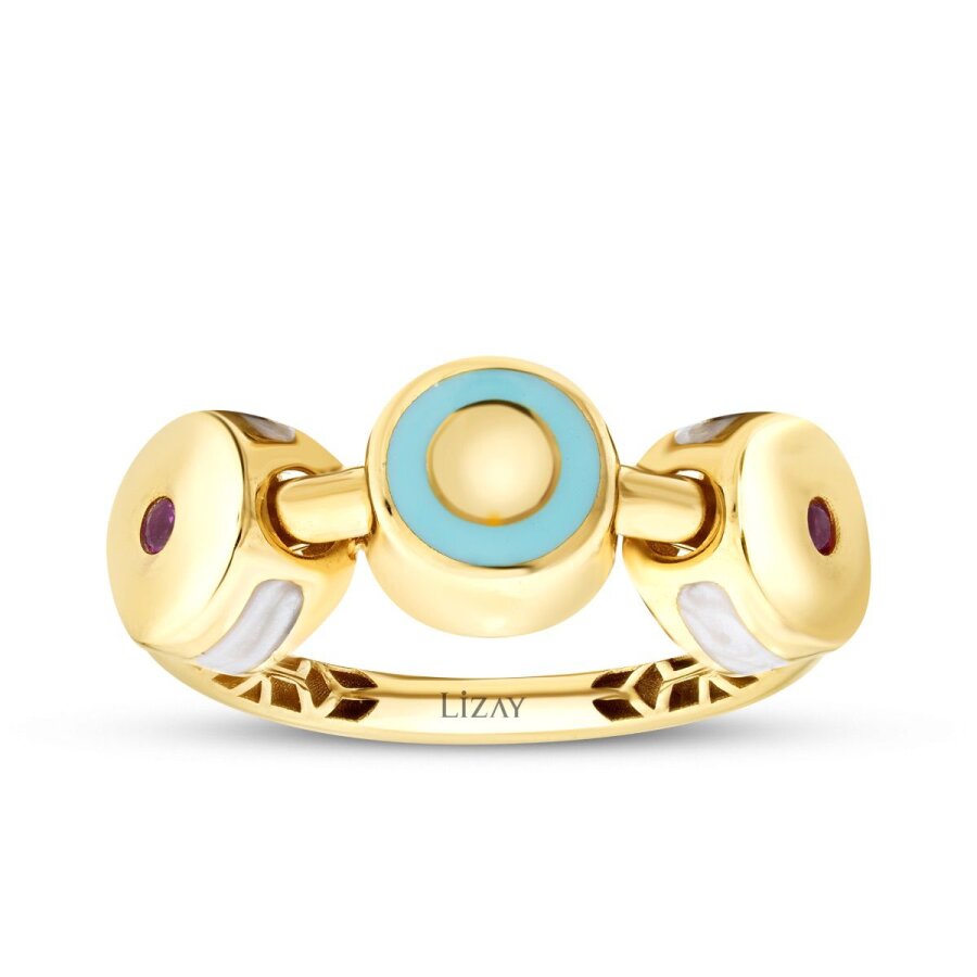 Weiß-und-Blau-Emaille-Trend-Ring mit Fuchsia-Stein aus Gold