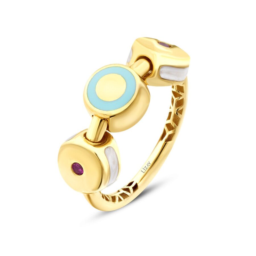 Weiß-und-Blau-Emaille-Trend-Ring mit Fuchsia-Stein aus Gold