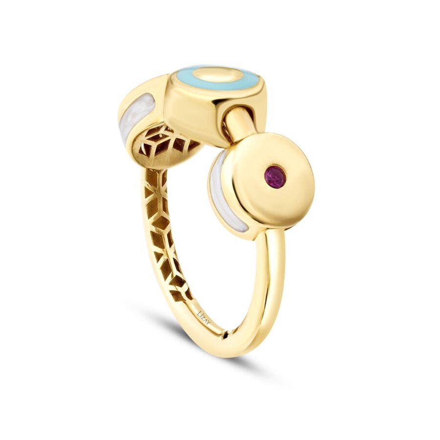Weiß-und-Blau-Emaille-Trend-Ring mit Fuchsia-Stein aus Gold