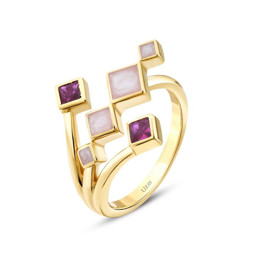 Weiß-Emaille-Geometrisch-Trend-Ring mit Fuchsia-Stein aus Gold