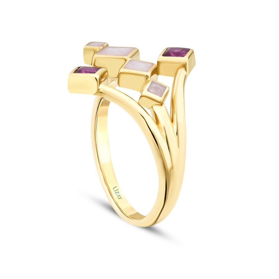 Weiß-Emaille-Geometrisch-Trend-Ring mit Fuchsia-Stein aus Gold