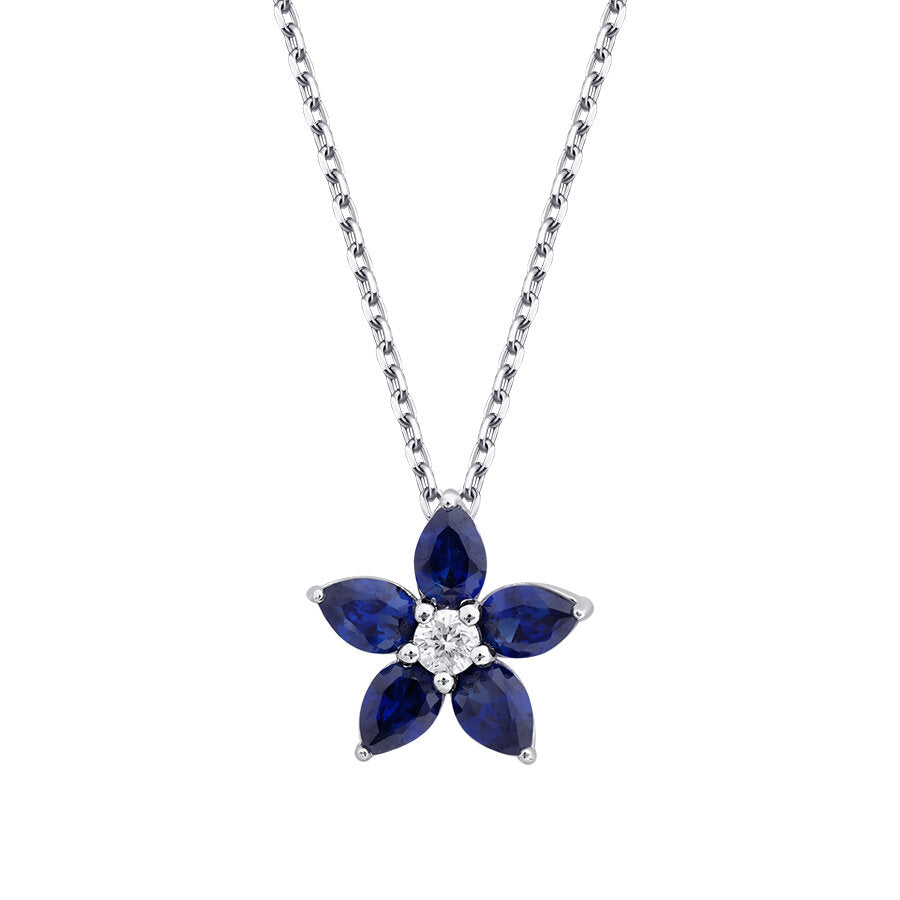 0,62 ct. Diamant Tropfen Saphir Blume Halskette
