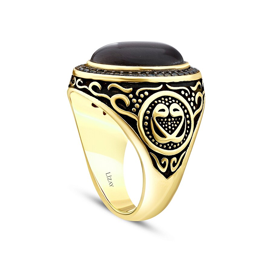 Herrenring mit grauem Katzenauge und osmanischem Siegel aus Gold