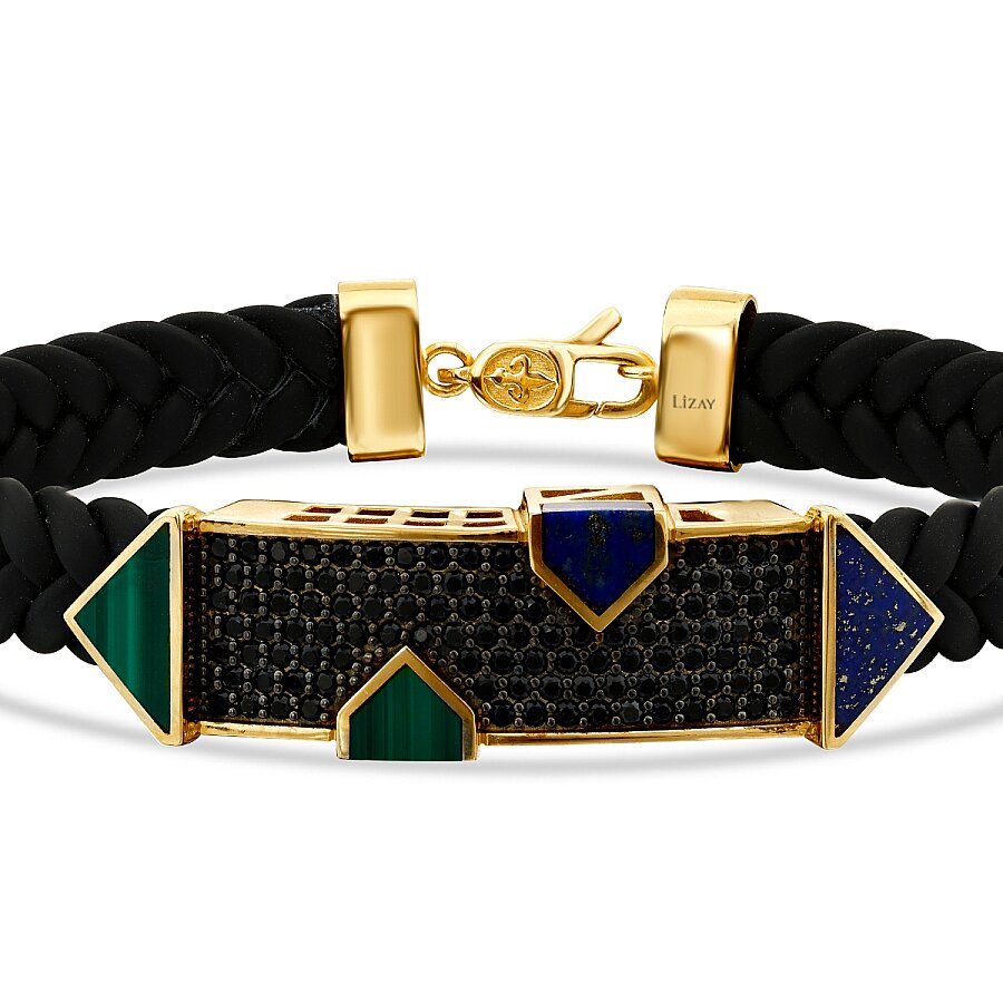 Herrenarmband aus Gold mit schwarzen, marineblauen und grünen Steinen