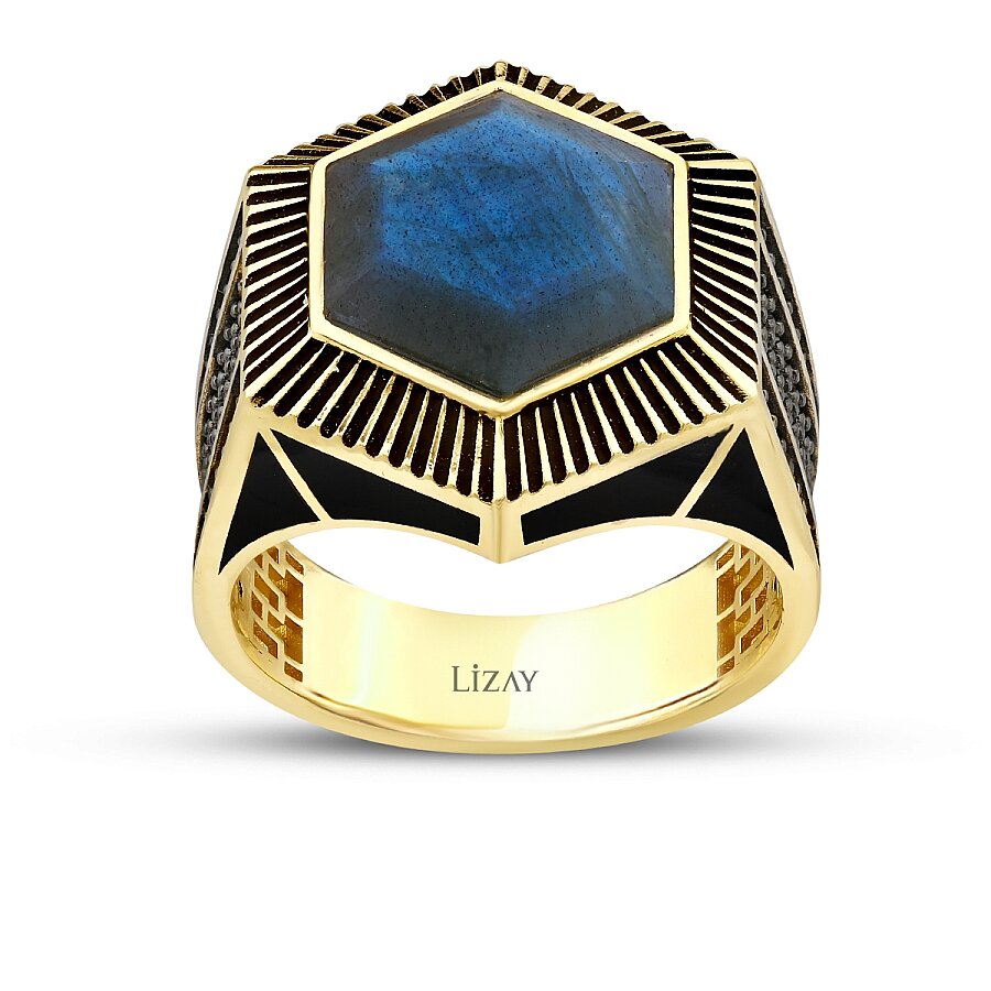 Geometrischer Labradorit-Ring aus Gold