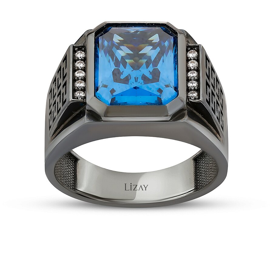 Herrenring aus Gold mit schwarzem Onyx und blauen Steinen