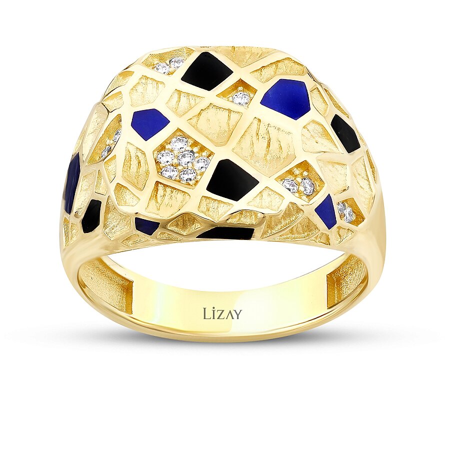 Detailreicher Steinring in Blau und Schwarz aus Gold