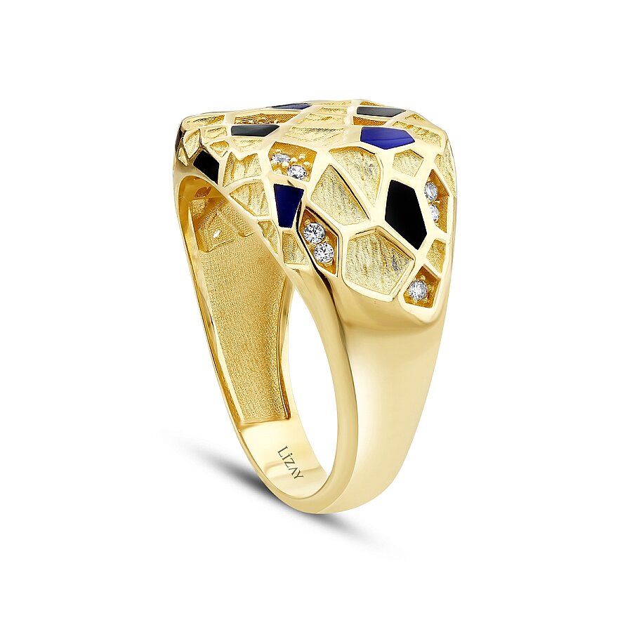Detailreicher Steinring in Blau und Schwarz aus Gold