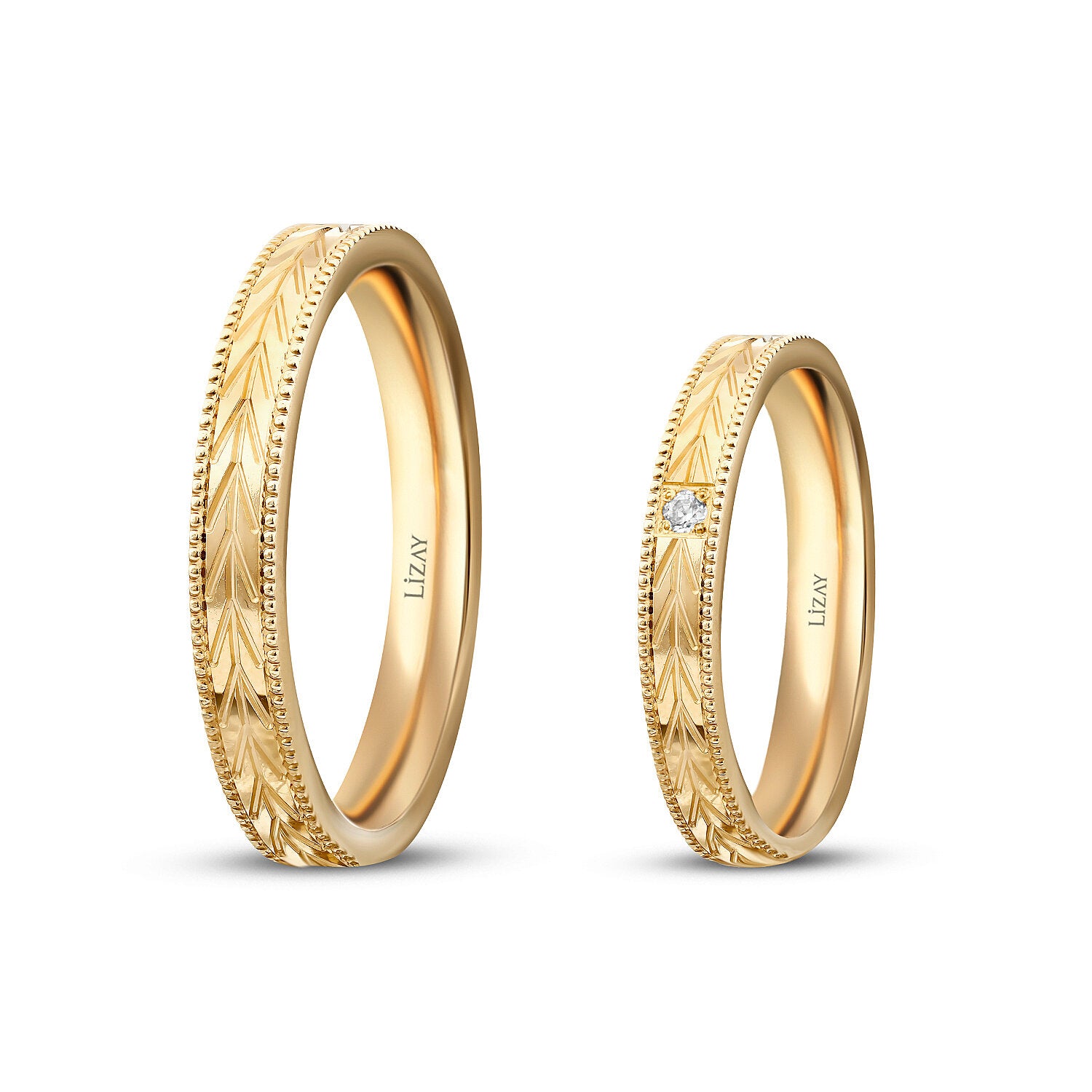 Partner-Eheringe-Set mit Weizenährenmuster aus Gold