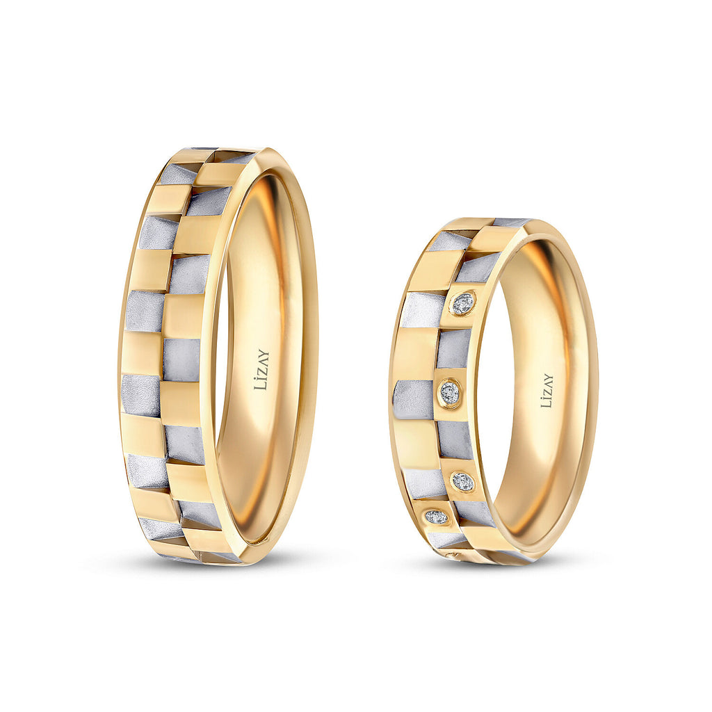 Partner-Eheringe-Set mit Mosaikmuster aus Gold
