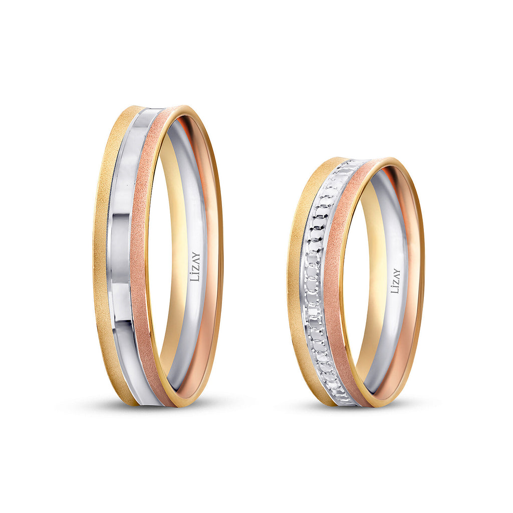 Dreifarbiges Partner-Eheringe-Set aus Gold