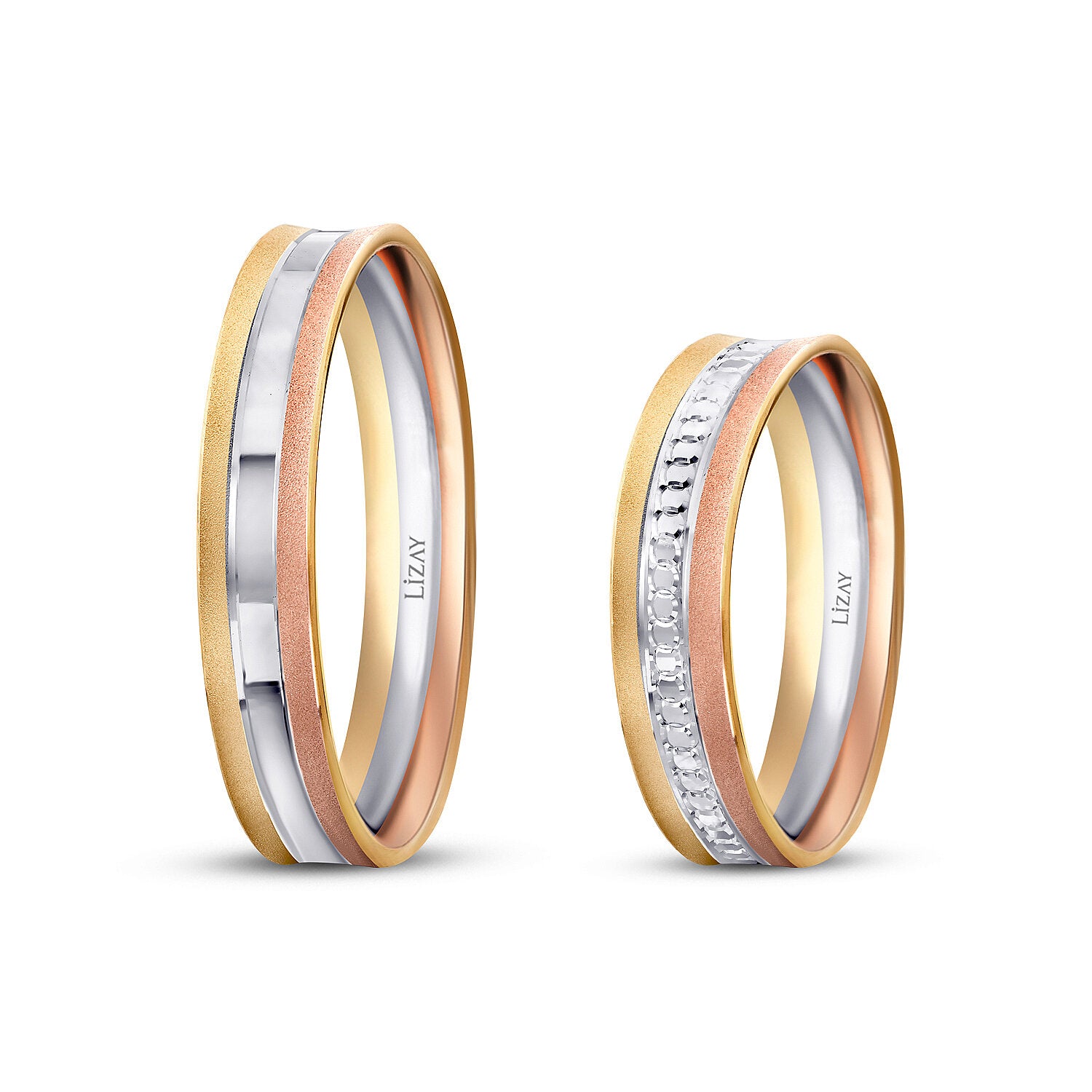 Dreifarbiges Partner-Eheringe-Set aus Gold