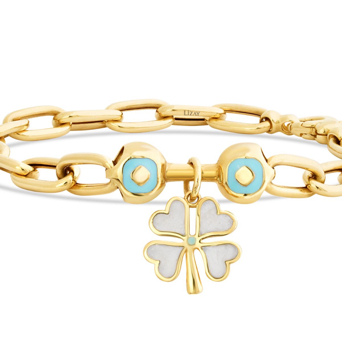 Gold Weiß und Blau Emaille Clover Armband