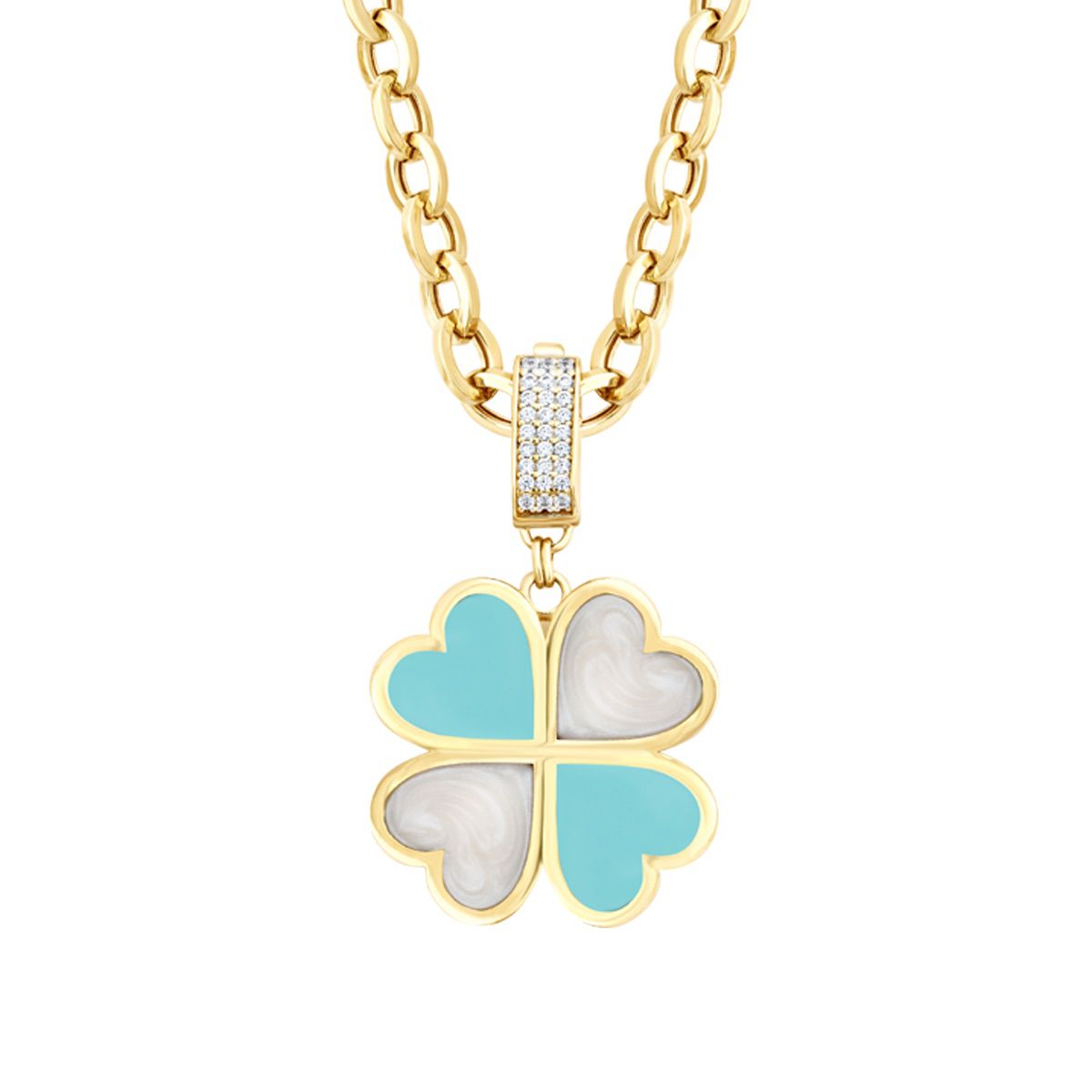 Gold Clover Weiß und Blau Emaille Halskette