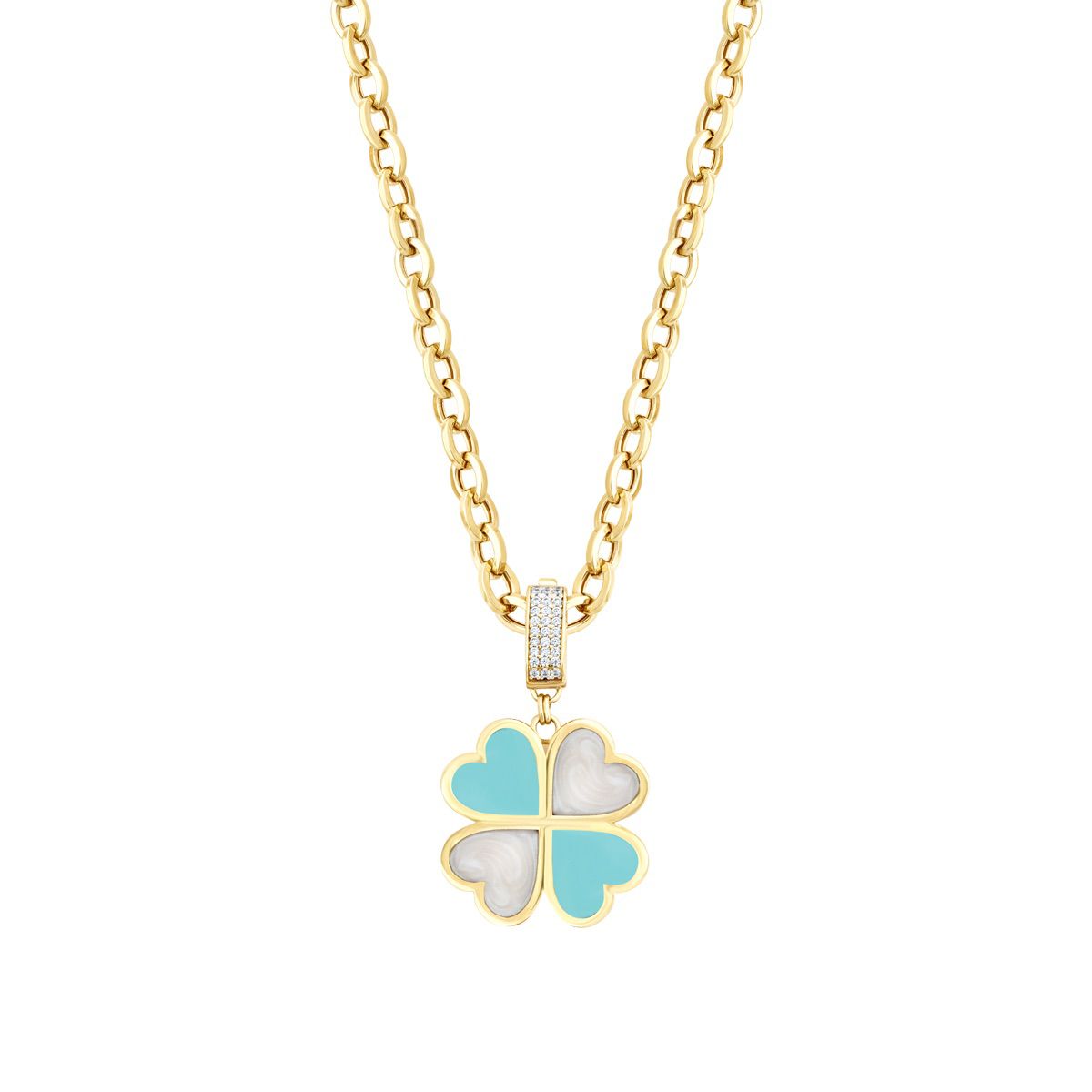 Gold Clover Weiß und Blau Emaille Halskette