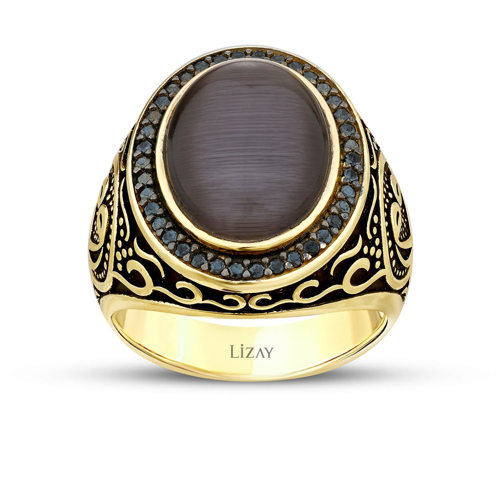 Gold Grau Katzenauge mit Osmanisches Siegel Herren Ring