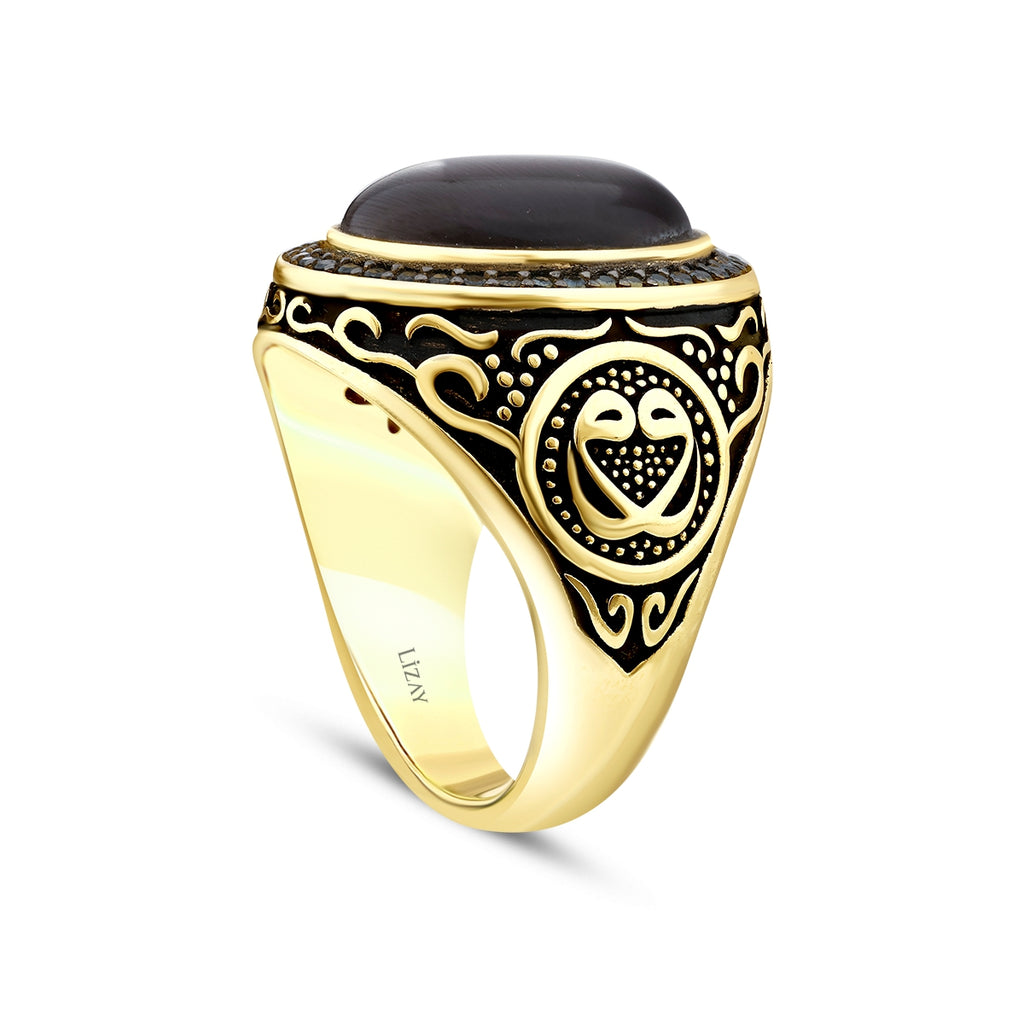 Gold Grau Katzenauge mit Osmanisches Siegel Herren Ring