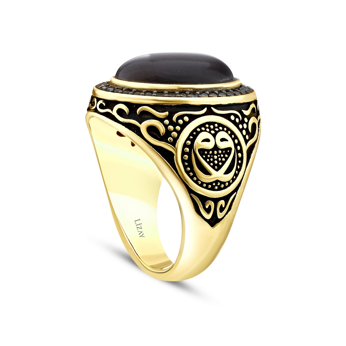 Gold Grau Katzenauge mit Osmanisches Siegel Herren Ring