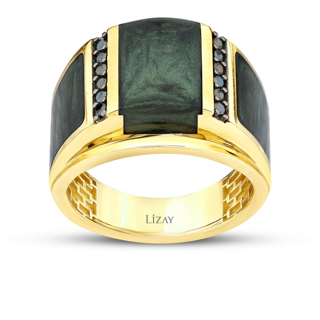 Gold Grün Perlmutt Emaille Herren Ring