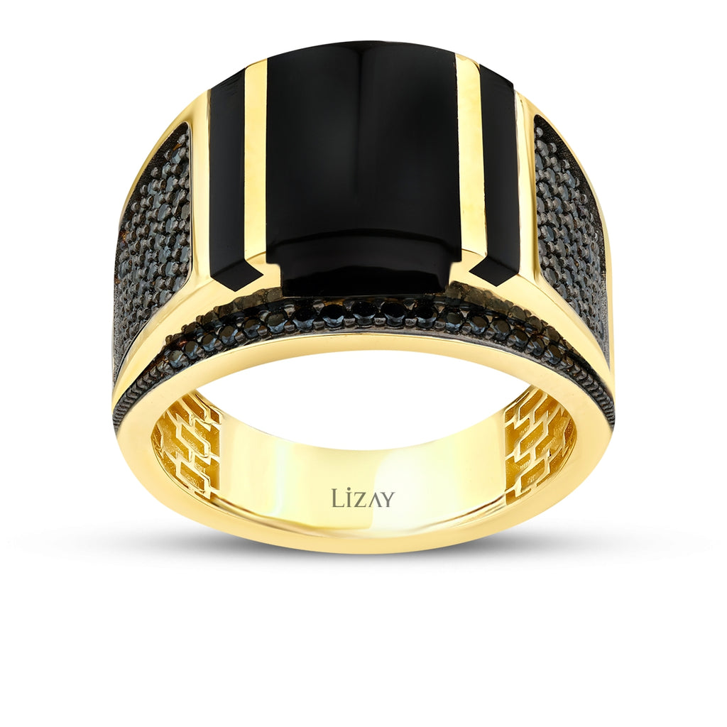 Gold Onyx Herren Ring mit Schwarz Details