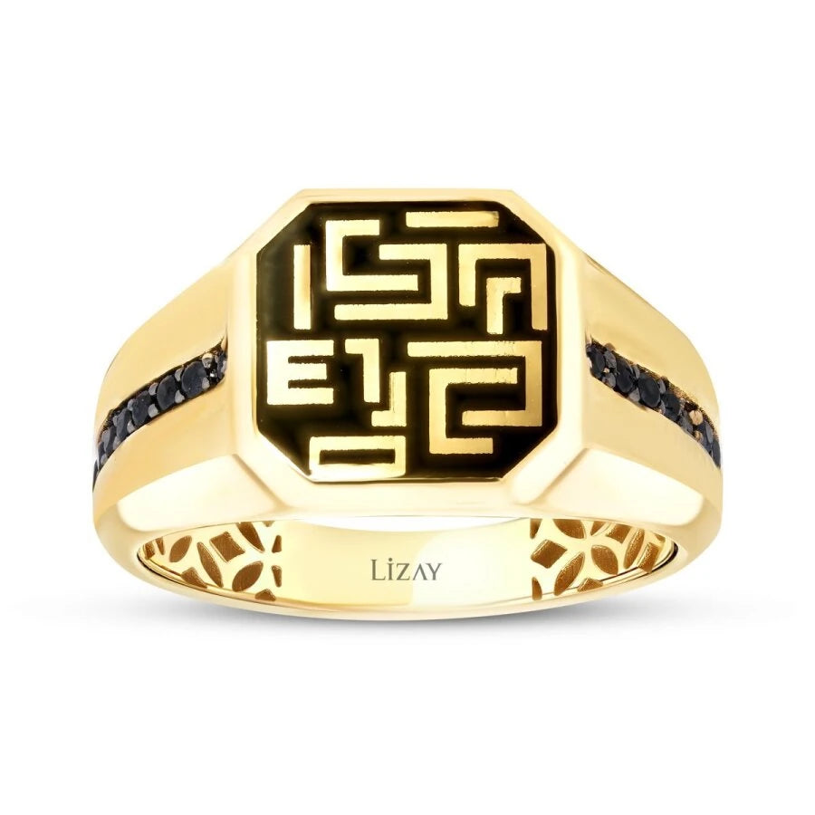 Gold Herren Ring mit schwarzem Stein und Symbolmotiv